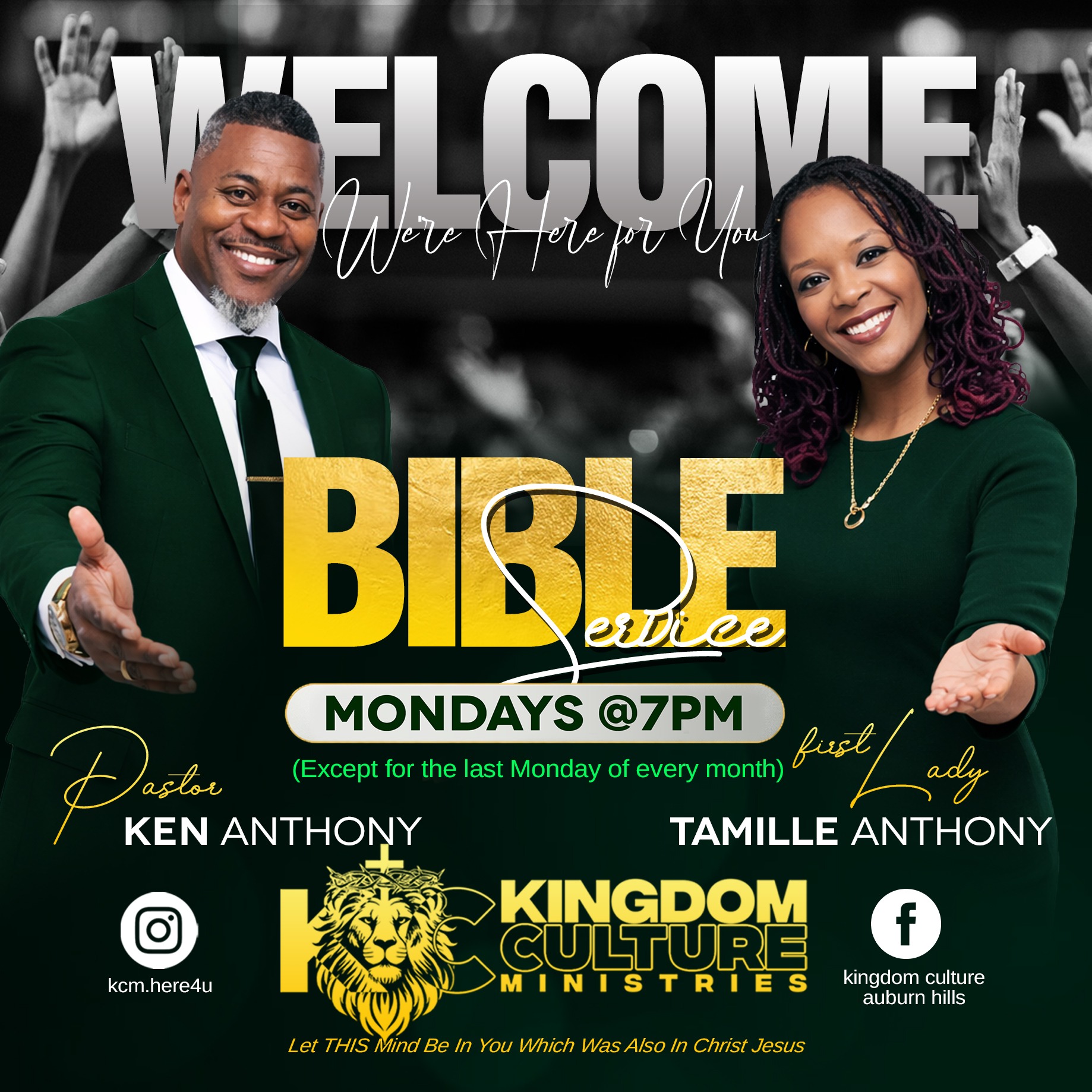 Kingdom Culture Ministries welcome poster featuring Pastor Ken and First Lady Tamille Anthony